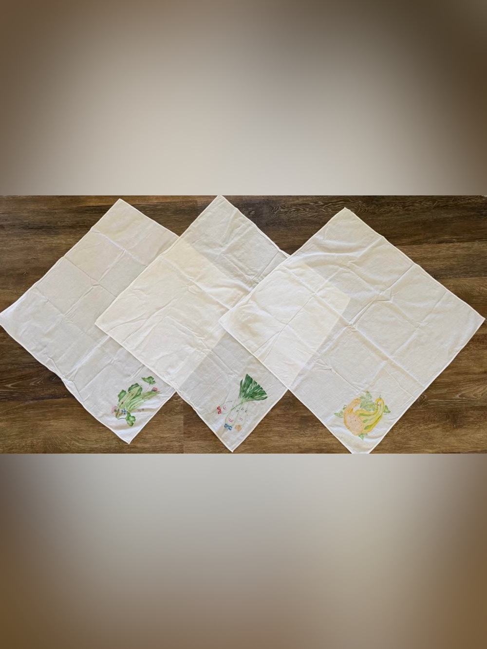 Vintage Hand Painted Vegetable Kitchen Towels Set of 3 White Linen Look